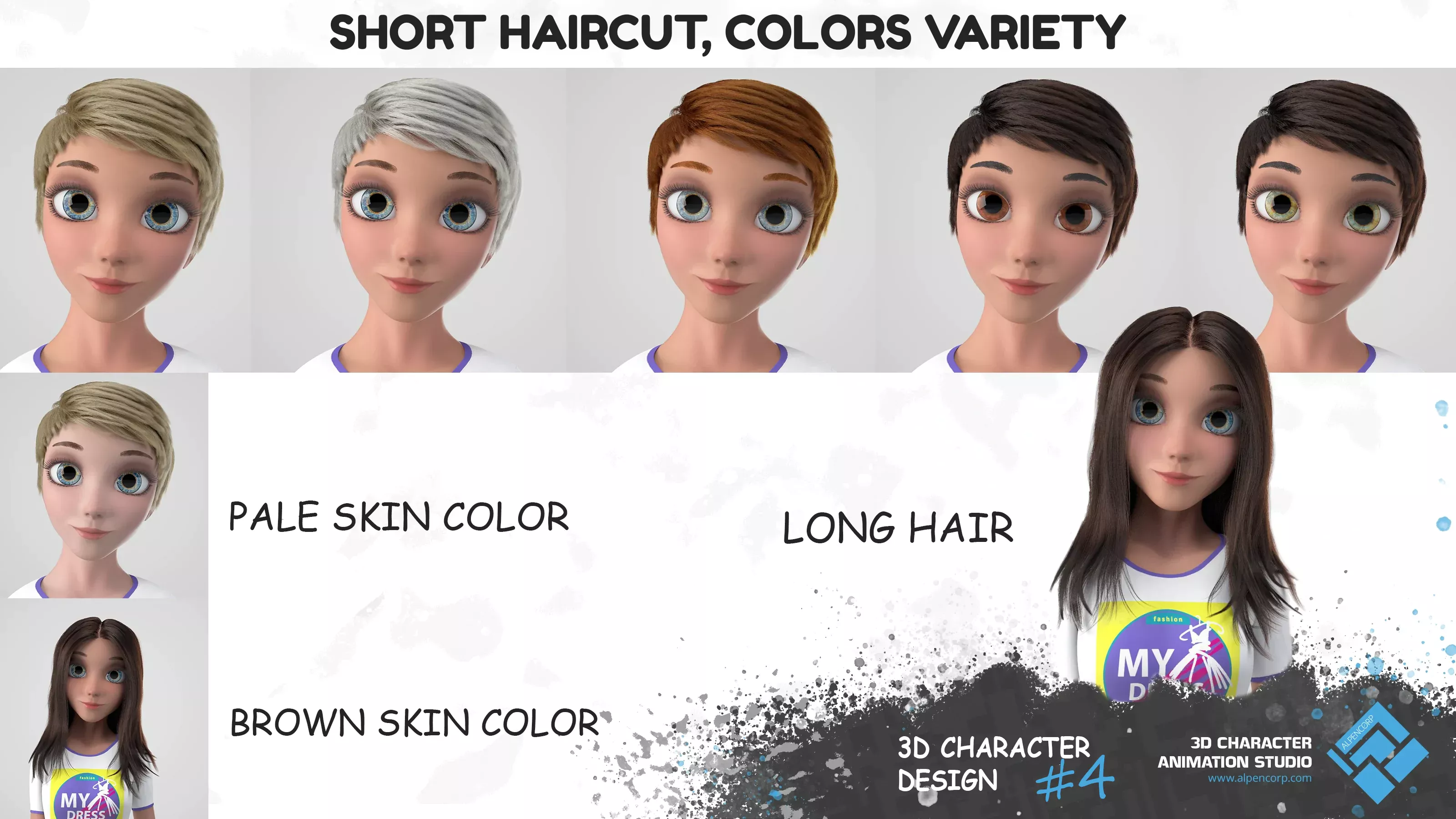 Le personnage 3D pour l'eShop, les coupes de cheveux et ses variations de couleurs.
