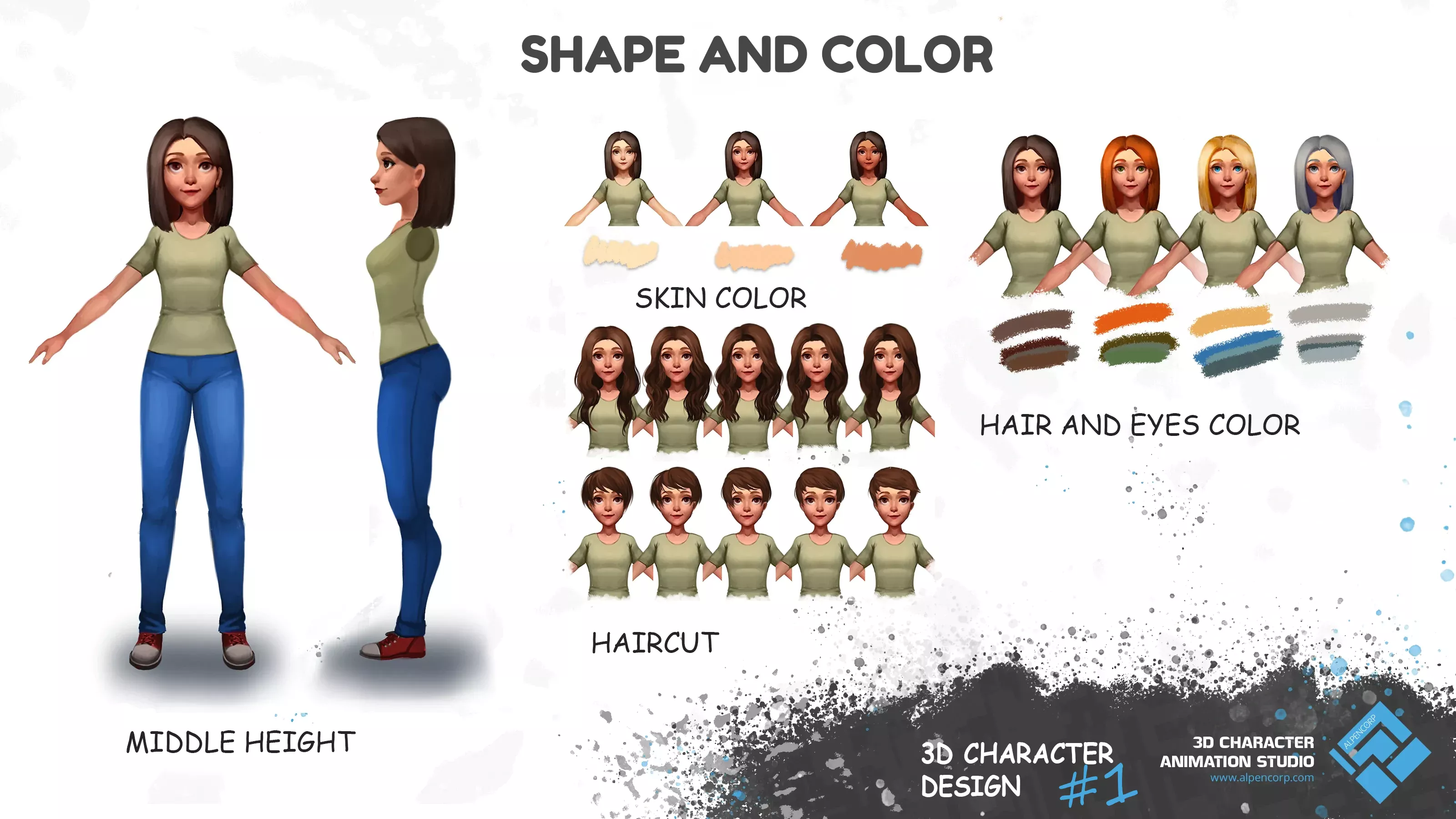 Das Konzept-3D-Charakter für den eShop, Vollgesichts- und Profilansichten sowie Farbvarianten und Frisuren.