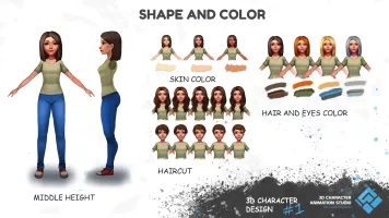 Das Konzept-3D-Charakter für den eShop, Vollgesichts- und Profilansichten sowie Farbvarianten und Frisuren.